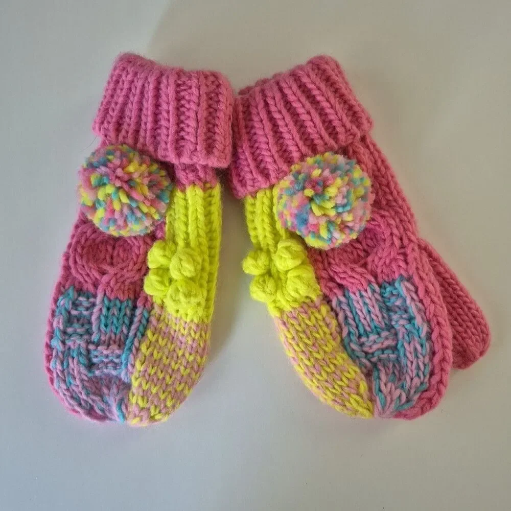 Handmade Pink Yellow Blue Pom Pom Crochet Mittens Womens Small or Girls Large